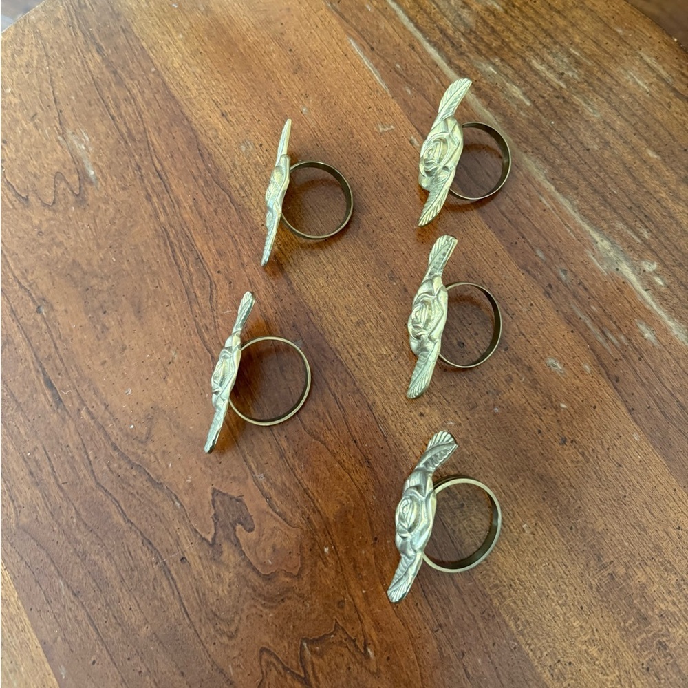 Set of 5 Solid Brass Napkin Rings Single Rose with Leaves Table Decor - Picture 4 of 6